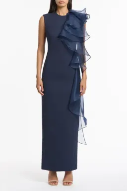 Carla Zampatti full length navy crepe gown with ruffle shoulder for rent on The Volte - image 1