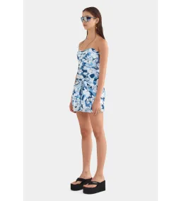 Venroy Ruched Cotton Strapless Mini Dress Blue Hibiscus Camo Size S/AU 8 for rent on The Volte - image 2