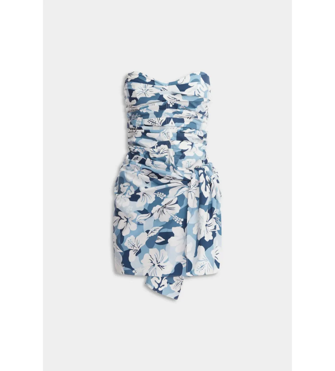 Venroy Ruched Cotton Strapless Mini Dress Blue Hibiscus Camo Size S/AU 8 for rent on The Volte - main image