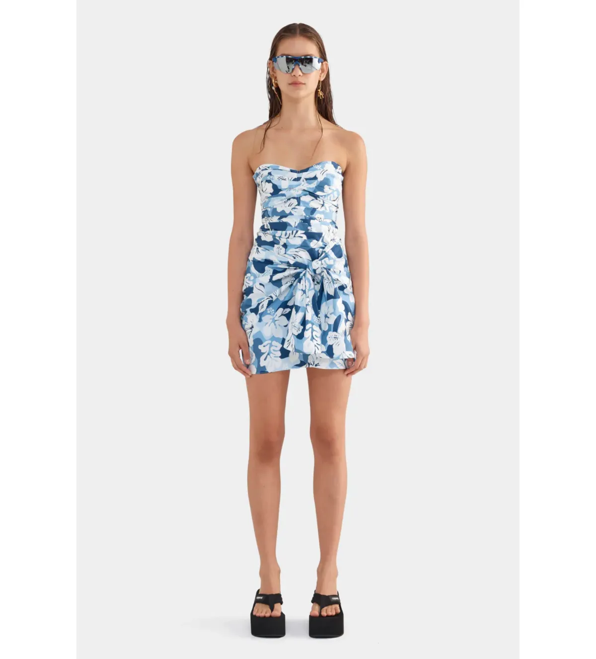 Venroy Ruched Cotton Strapless Mini Dress Blue Hibiscus Camo Size S/AU 8 for rent on The Volte - main image