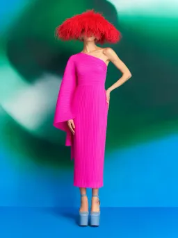 Solace London Lenna one sleeve draped plisse-chiffon midi dress pink, size 12 for rent on The Volte - image 4