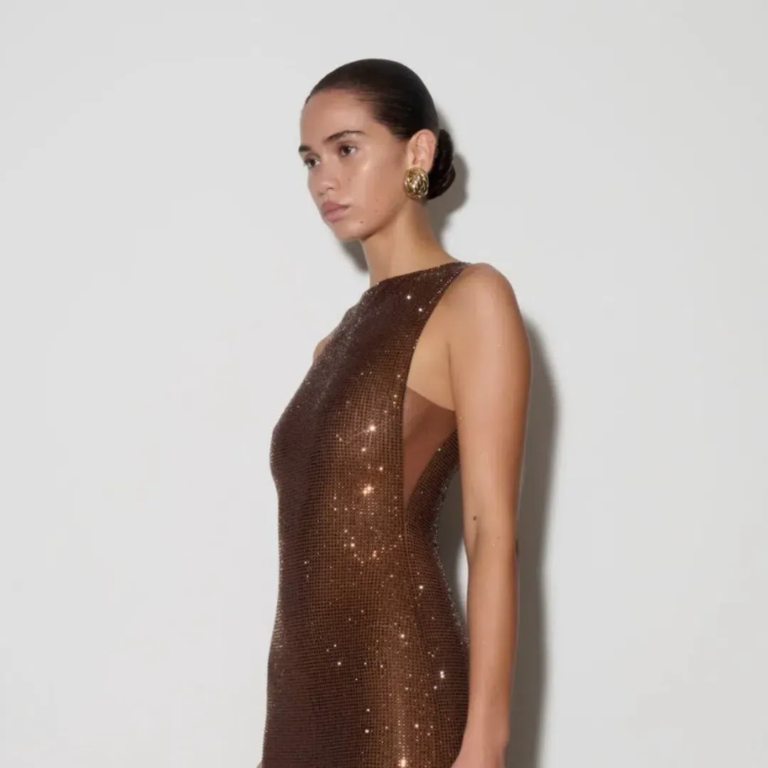 MESHKI Magnolia Sleeveless Diamante Maxi Dress - Chocolate Size Small for rent on The Volte - main image