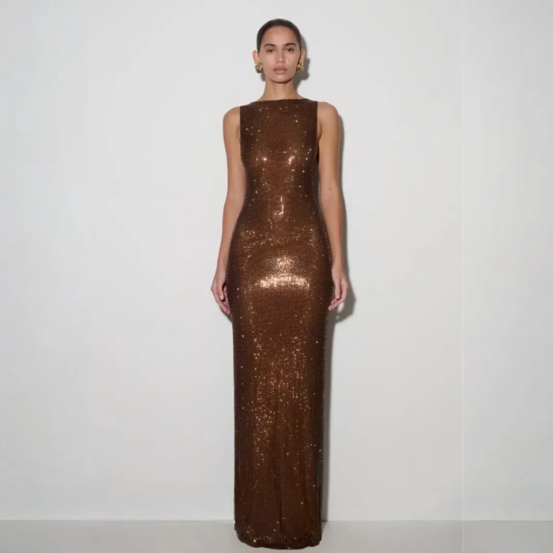 MESHKI Magnolia Sleeveless Diamante Maxi Dress - Chocolate Size Small for rent on The Volte - main image