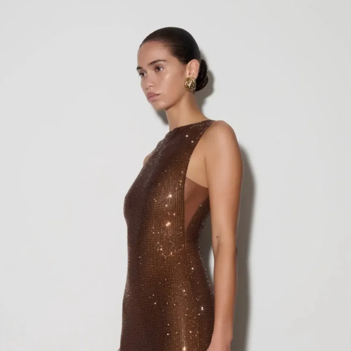 MESHKI Magnolia Sleeveless Diamante Maxi Dress - Chocolate Size Medium - Image 3