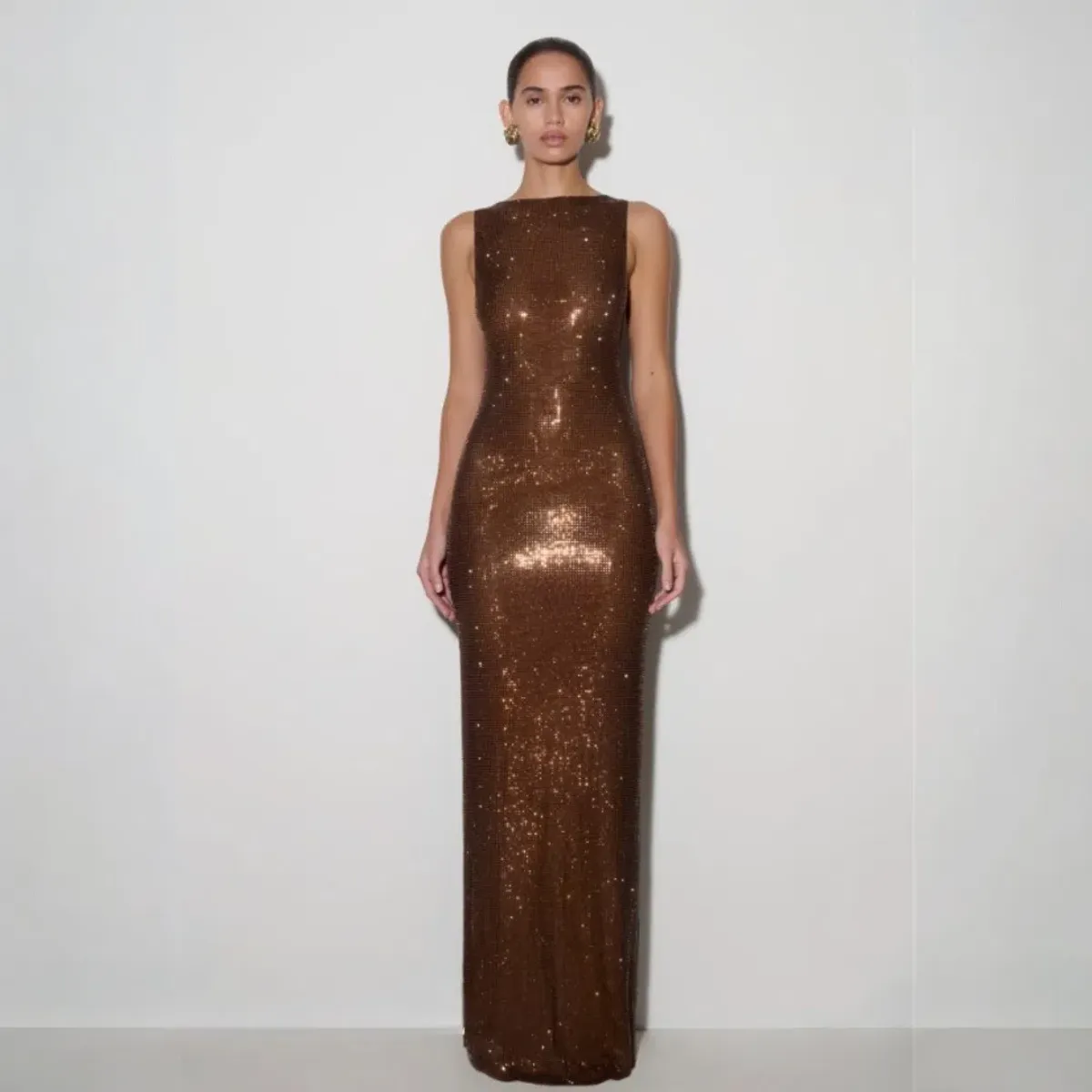 MESHKI Magnolia Sleeveless Diamante Maxi Dress - Chocolate Size Medium - Image 2