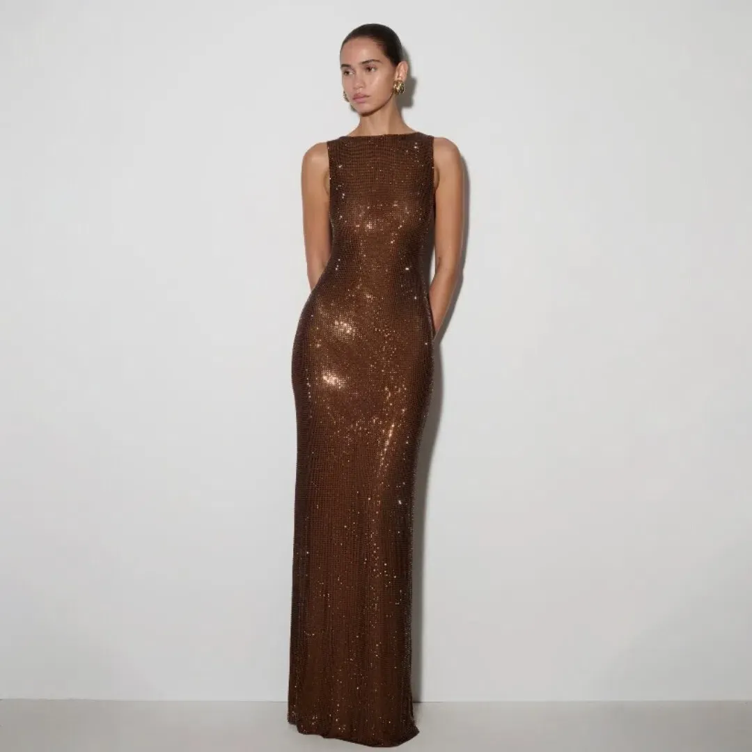 MESHKI Magnolia Sleeveless Diamante Maxi Dress - Chocolate Size Medium for rent on The Volte - main image