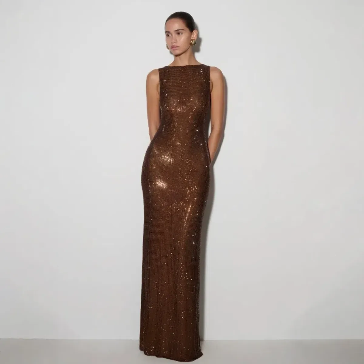 MESHKI Magnolia Sleeveless Diamante Maxi Dress - Chocolate Size Medium - Image 1