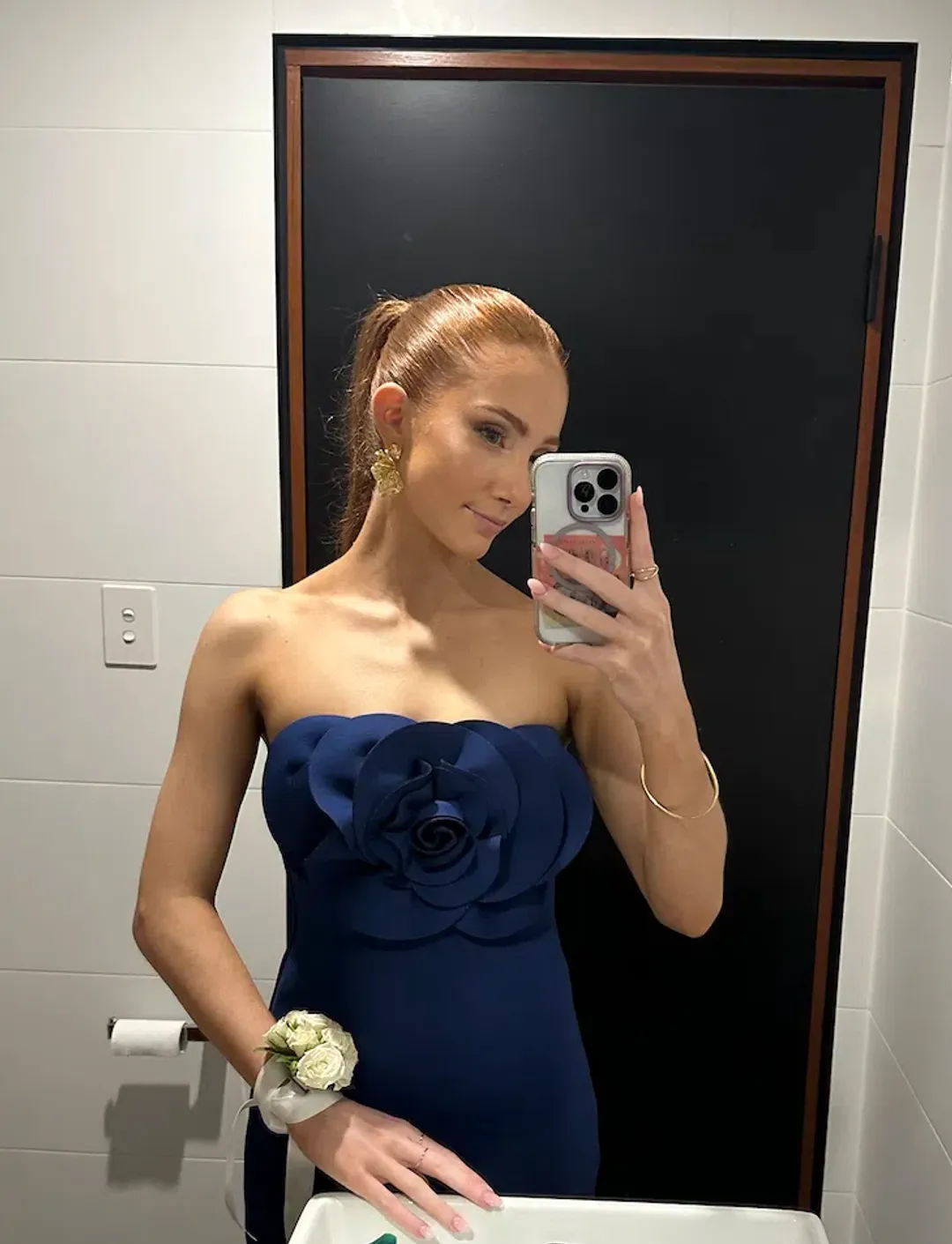 Badgley Mischka Rosette Dress Navy (Altered) for rent on The Volte - main image