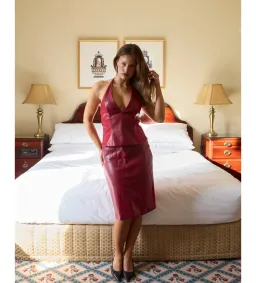 Setaye Cherry Top and Midi Skirt Set Red Size S/AU 8 for rent on The Volte - image 2