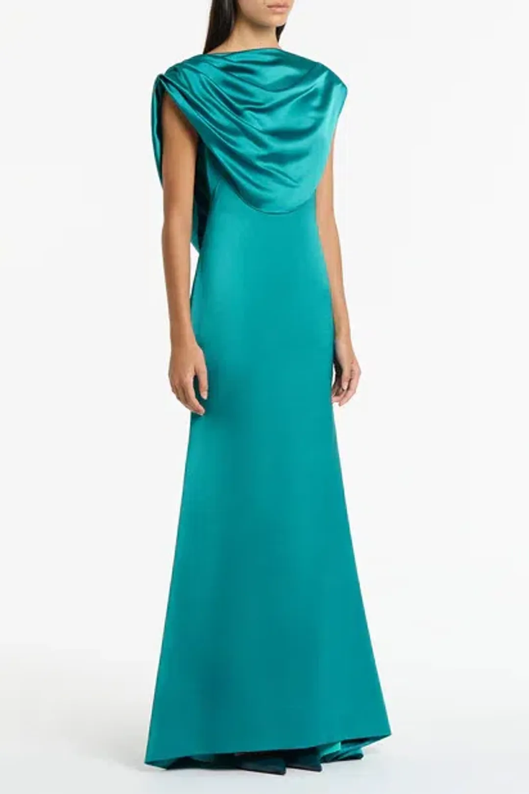 CARLA ZAMPATTI VIRIDIAN LUSTRE SATIN SHOULDER DRAPE GOWN SIZE 10 for rent on The Volte - main image