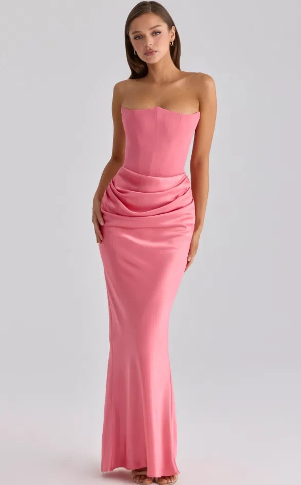 House of CB Persephone raspberry satin + crepe strapless corset maxi dress Regular Cup Size XS for rent on The Volte - main image