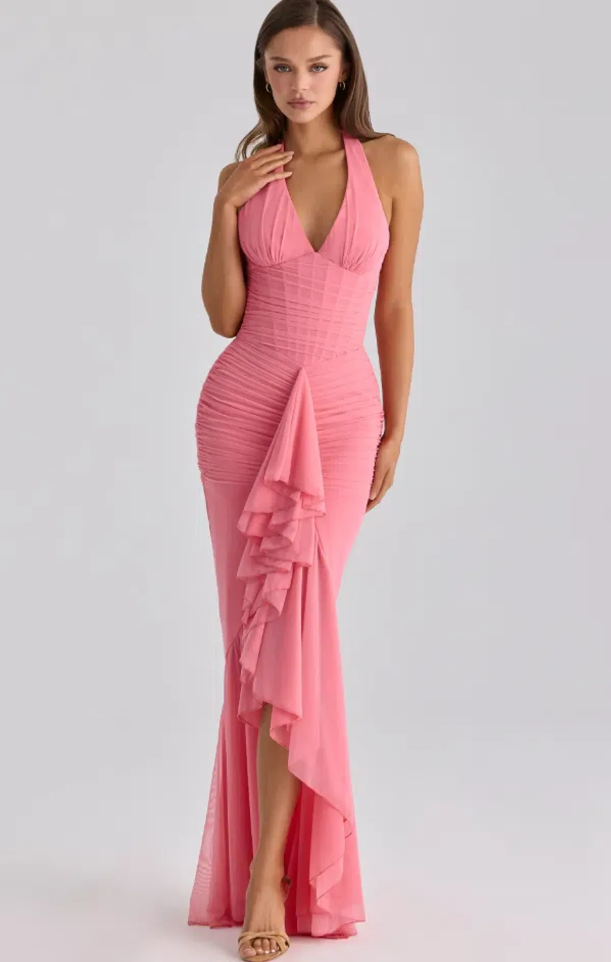 House of CB Carmine raspberry mesh halter neck waterfall maxi dress Regular Cup Size L - Image 1