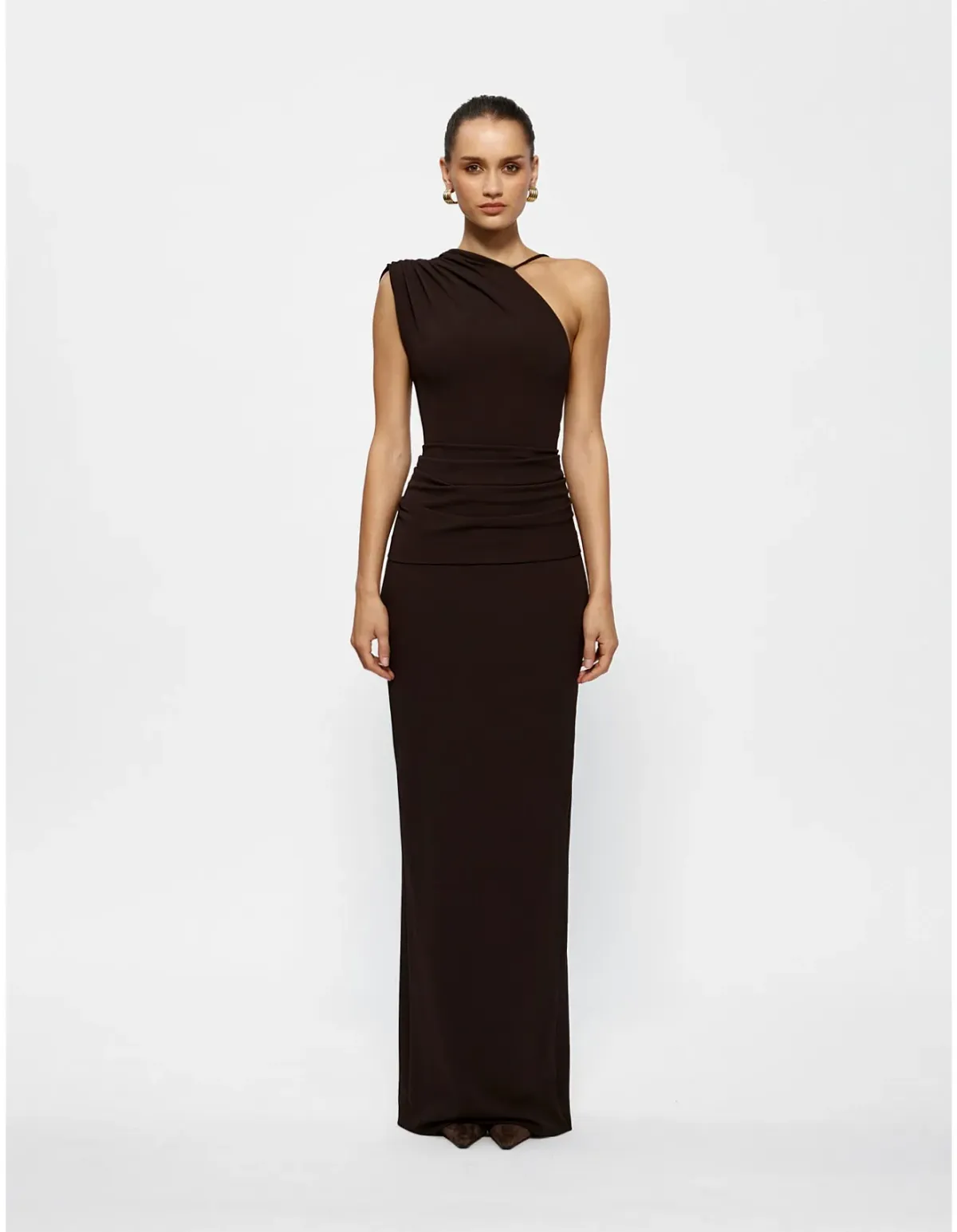 Effie Kats Greer One Shoulder Floor Length Gown Brown Size 10 - Image 1