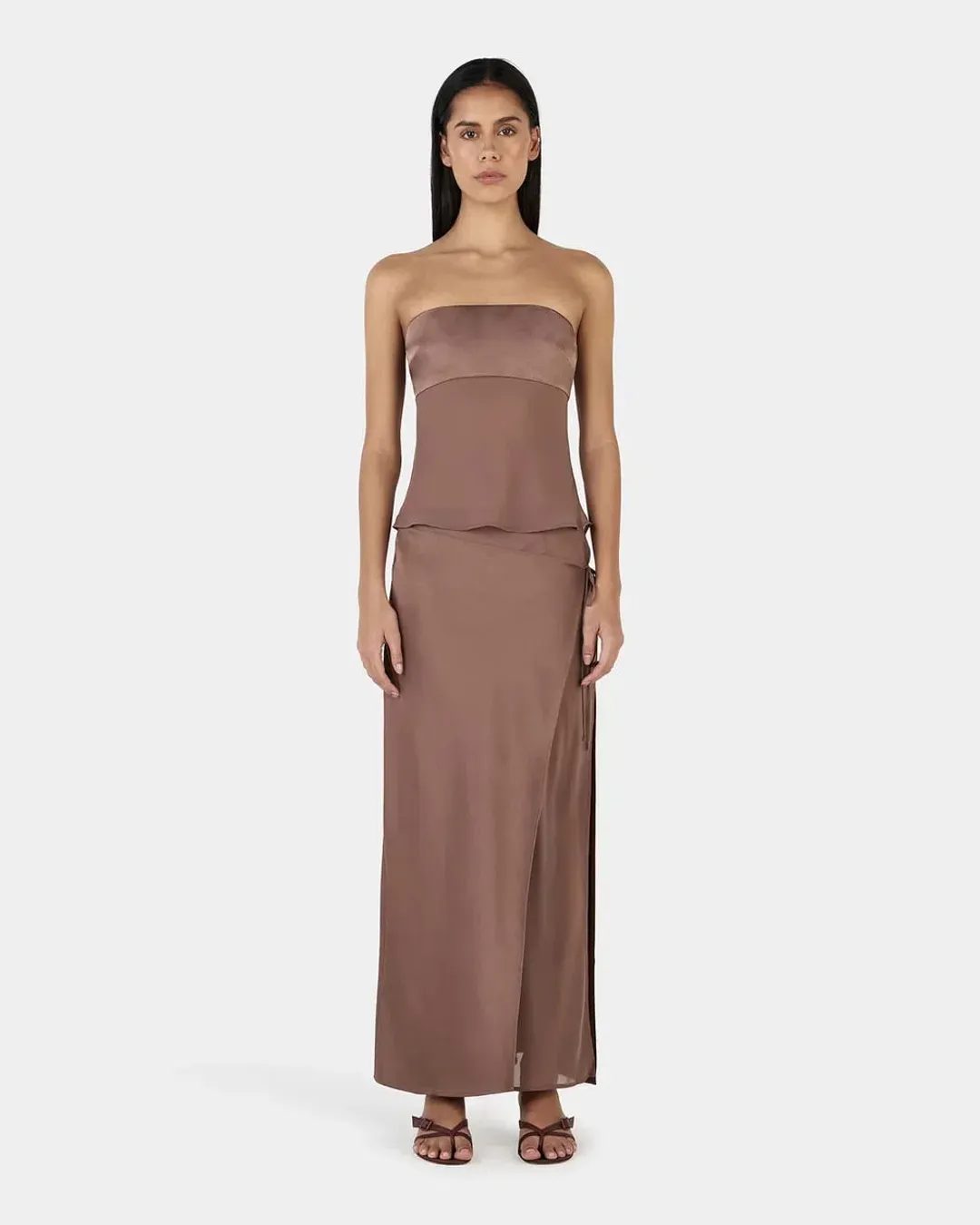 OWNLEY - Ricky Midi Skirt & Patrice strapless top , Brown Size 6 (XS) for rent on The Volte - main image