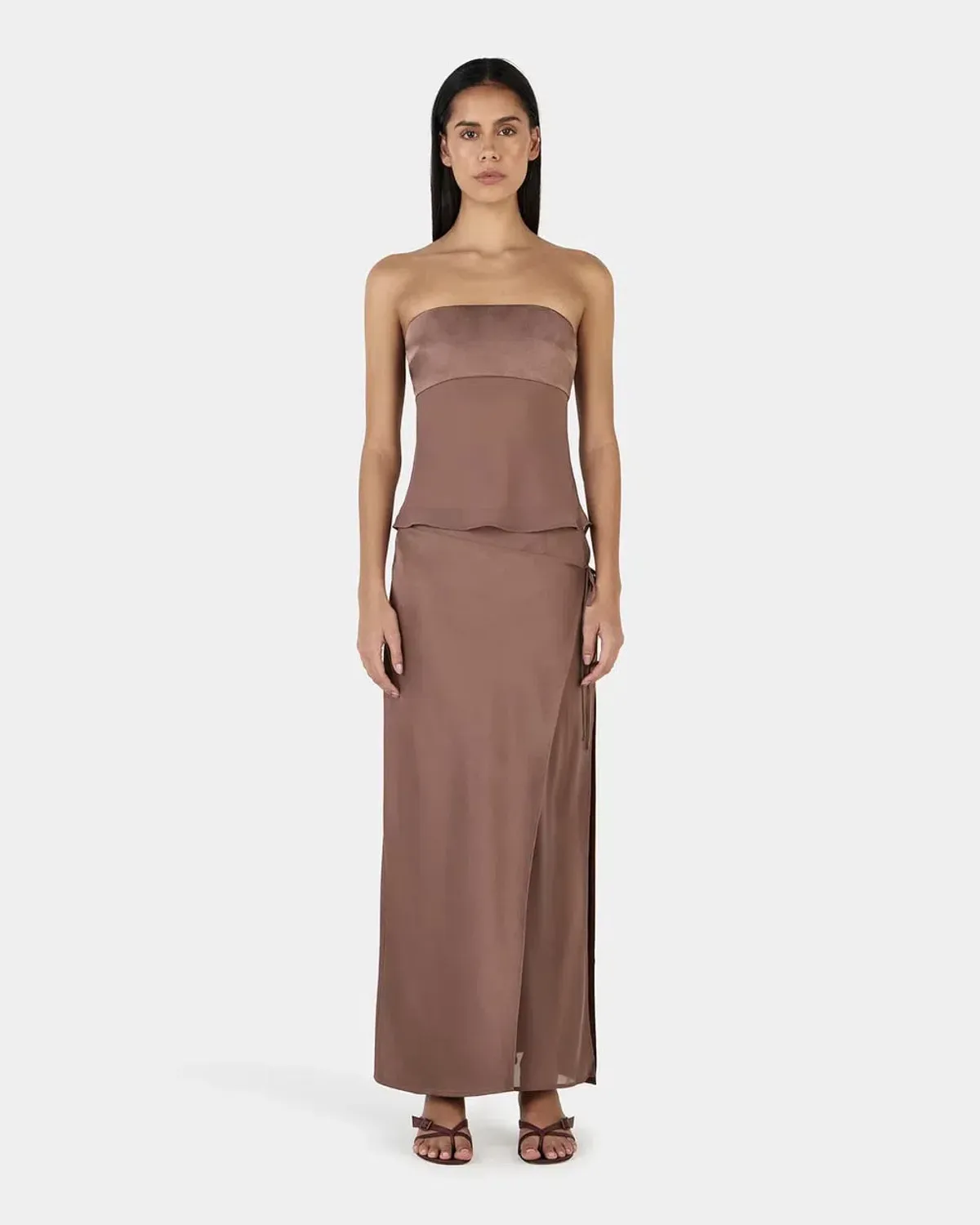 OWNLEY - Ricky Midi Skirt & Patrice strapless top , Brown Size 6 (XS) for rent on The Volte - main image