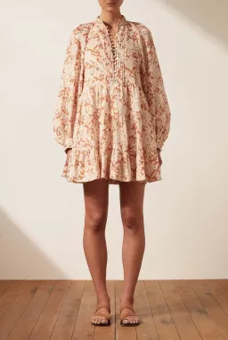 Flor Puff-Sleeve Linen Midi Dress In Floral Print for rent on The Volte - image 1