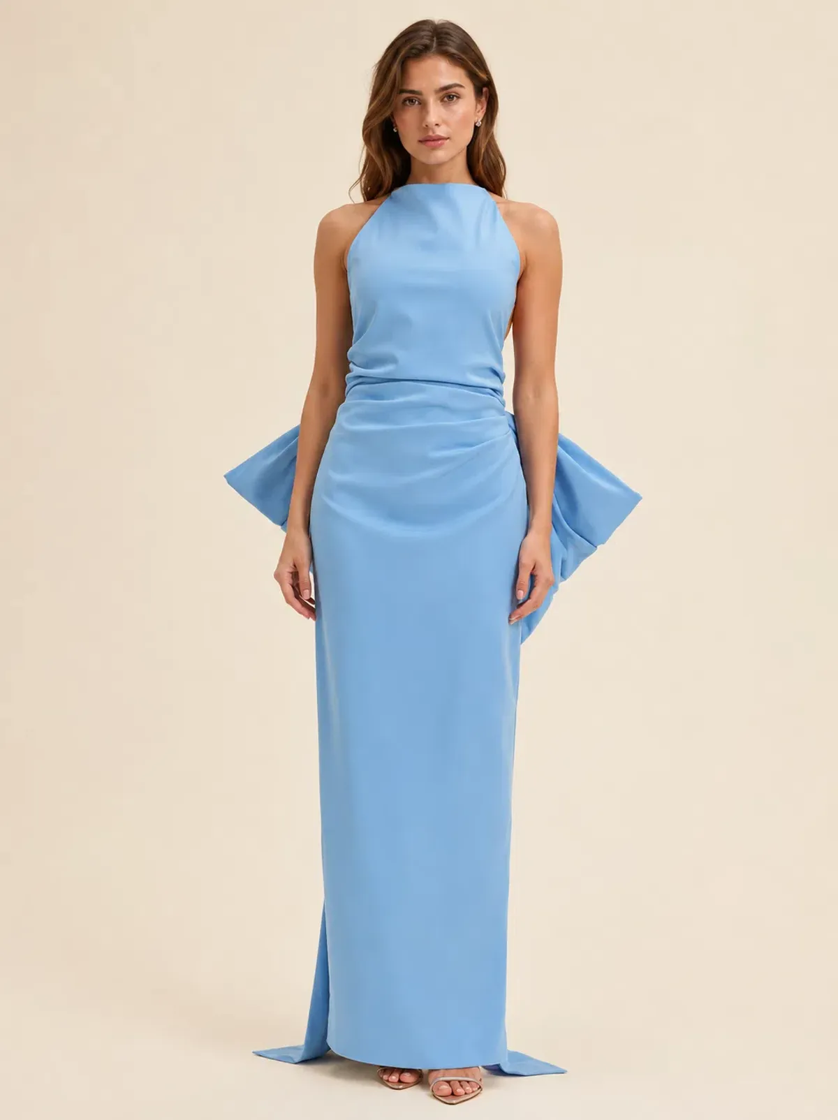 Rachel Gilbert Lottie Bow-Detail Halterneck Gown in Blue Size 3/AU12 for rent on The Volte - main image