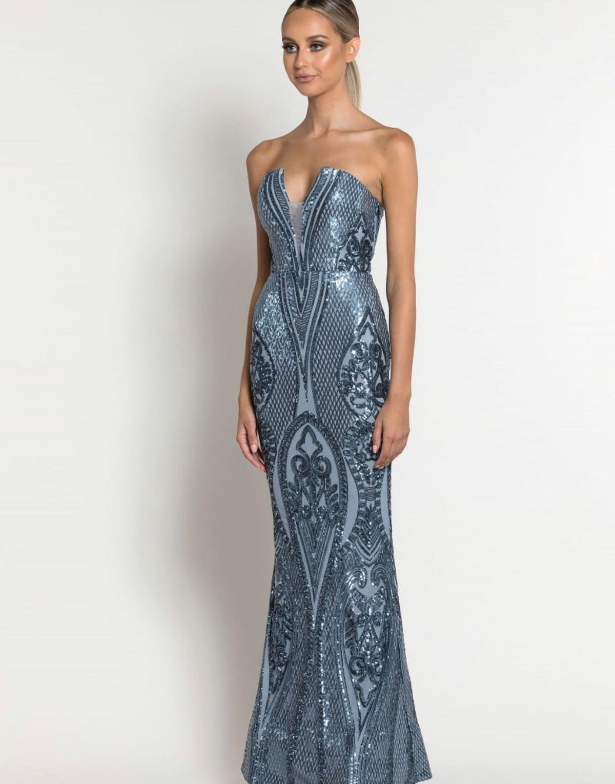 Maia Strapless Pattern Gown Anitque Blue Size 10 - Image 1