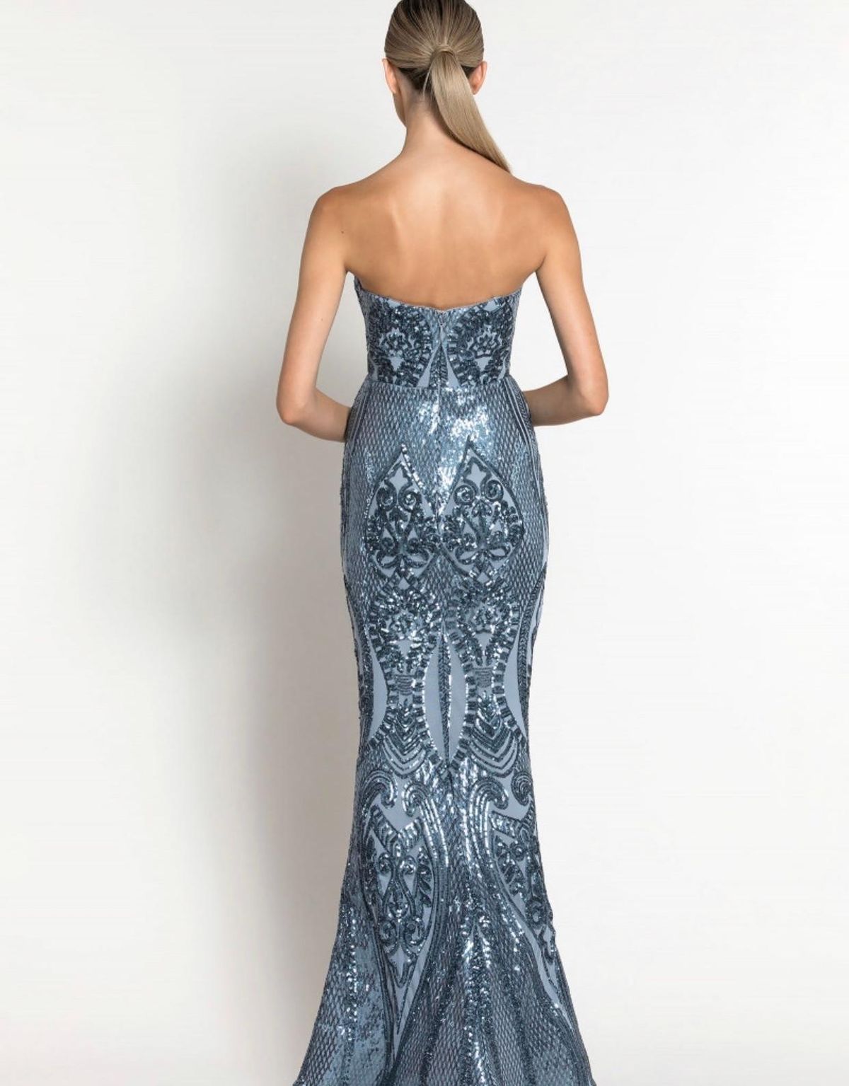 Maia Strapless Pattern Gown Anitque Blue Size 10 - Image 4