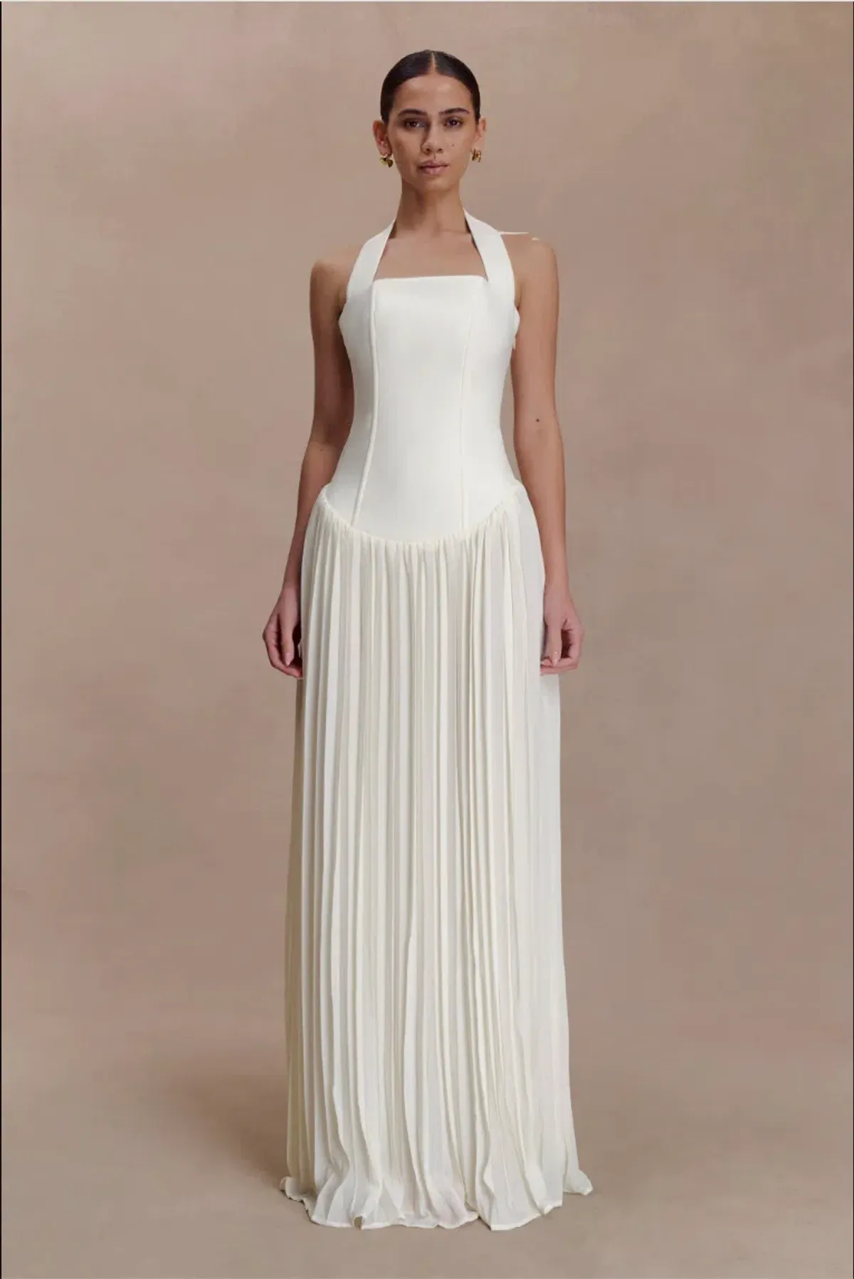 Stacie Pleated Halter Maxi Dress - Ivory - Image 1