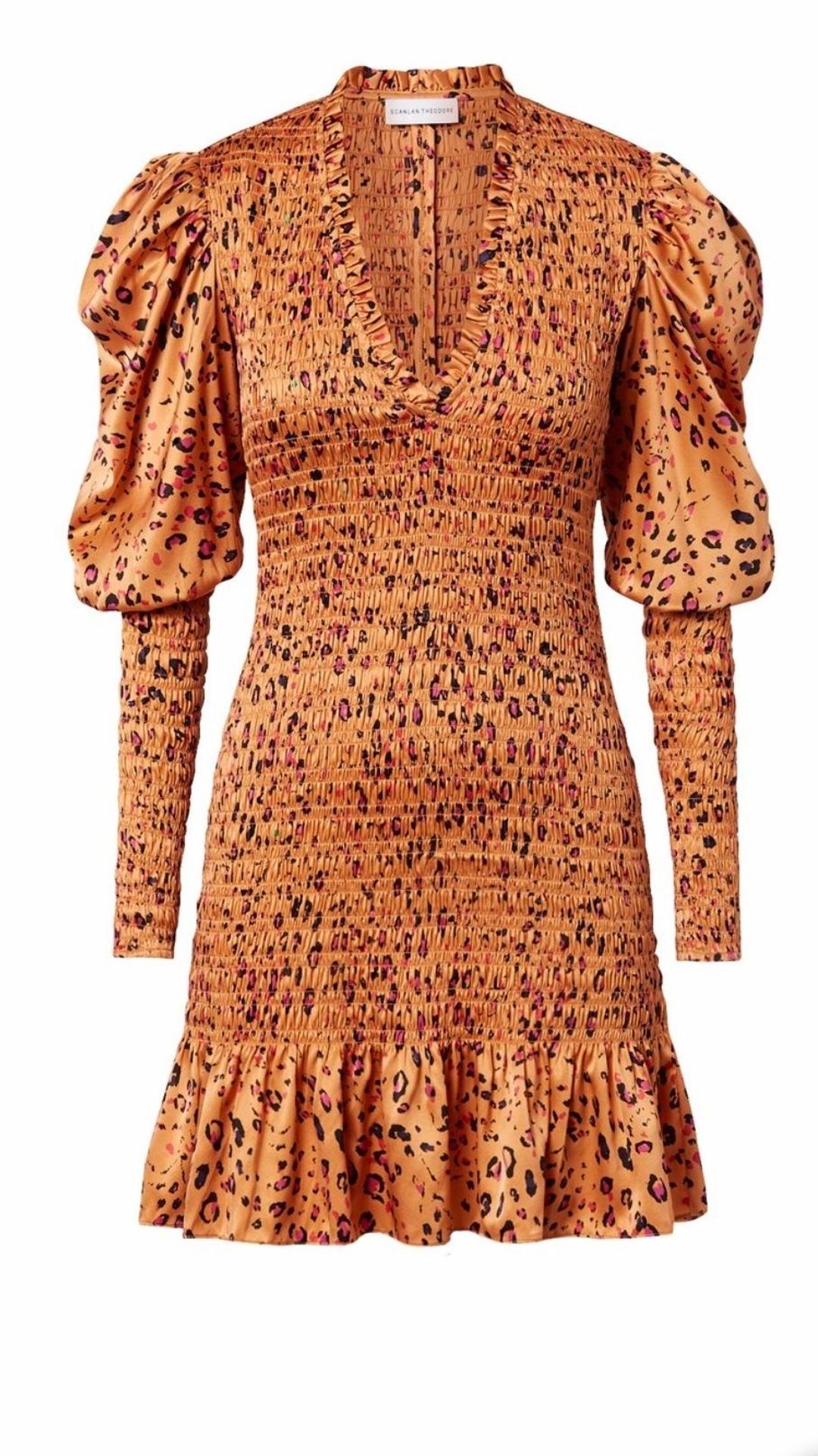 Scanlan Theodore Silk Leopard Shirred Dress Orange Size 8 for rent on The Volte - main image