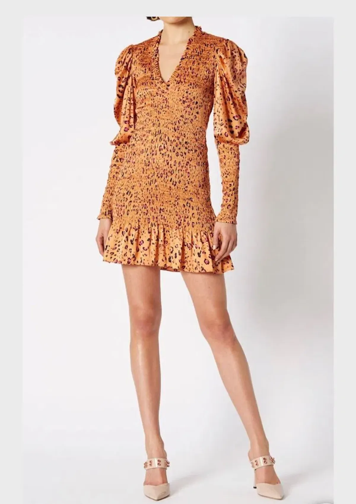 Scanlan Theodore Silk Leopard Shirred Dress Orange Size 8 - Image 1