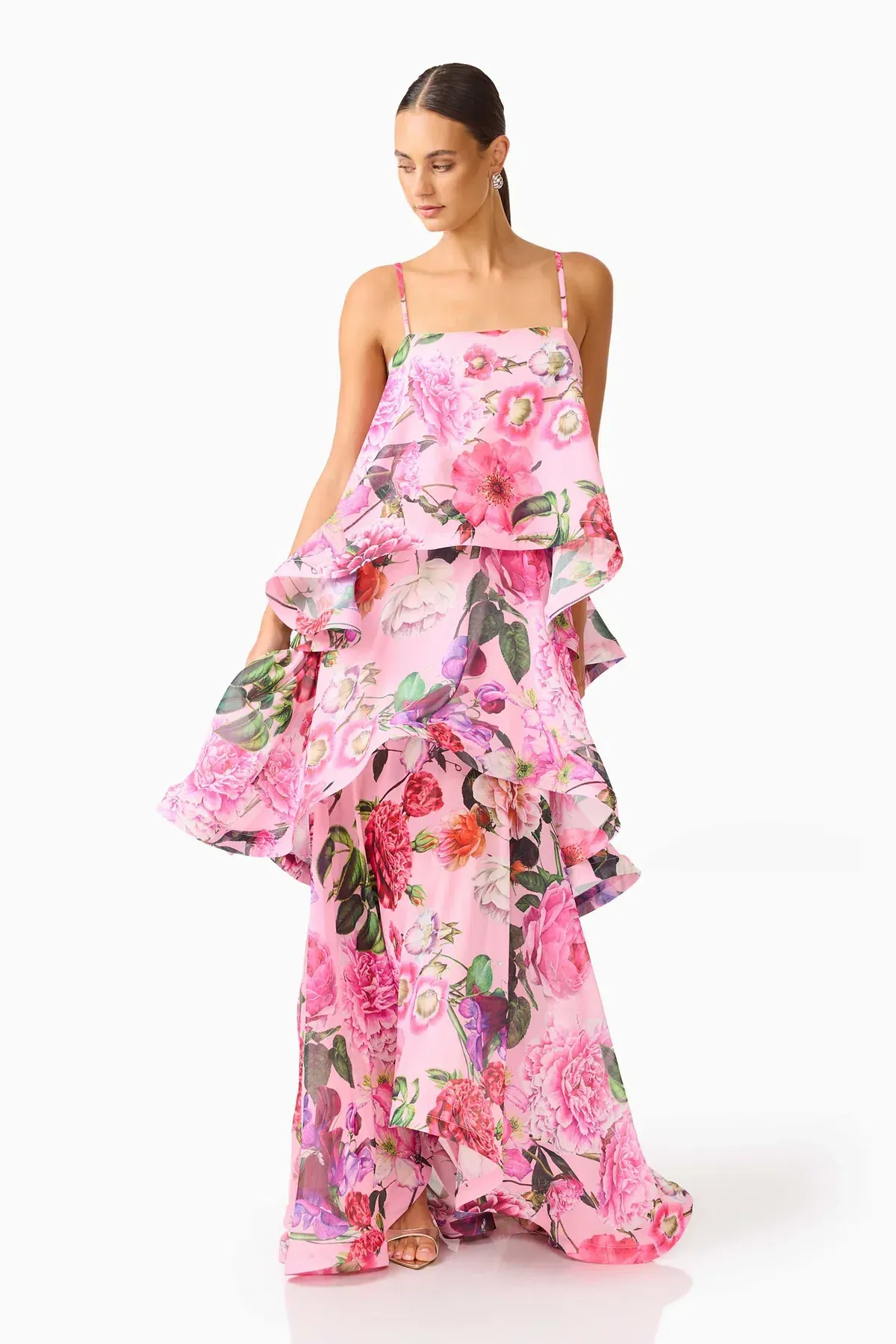 Elliatt Armani Tiered Maxi Dress in Pink Floral, Size L (12-14) - Image 1