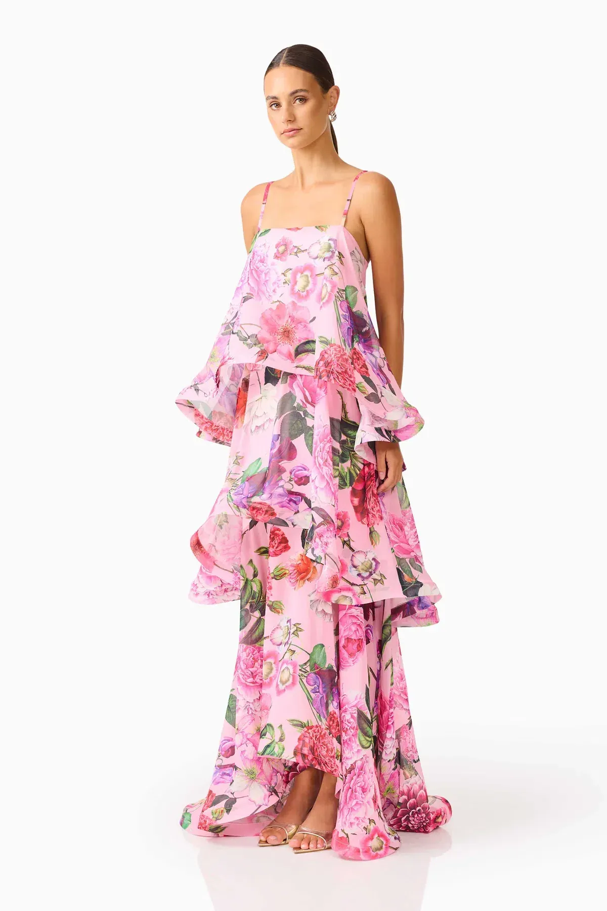 Elliatt Armani Tiered Maxi Dress in Pink Floral, Size L (12-14) - Image 3