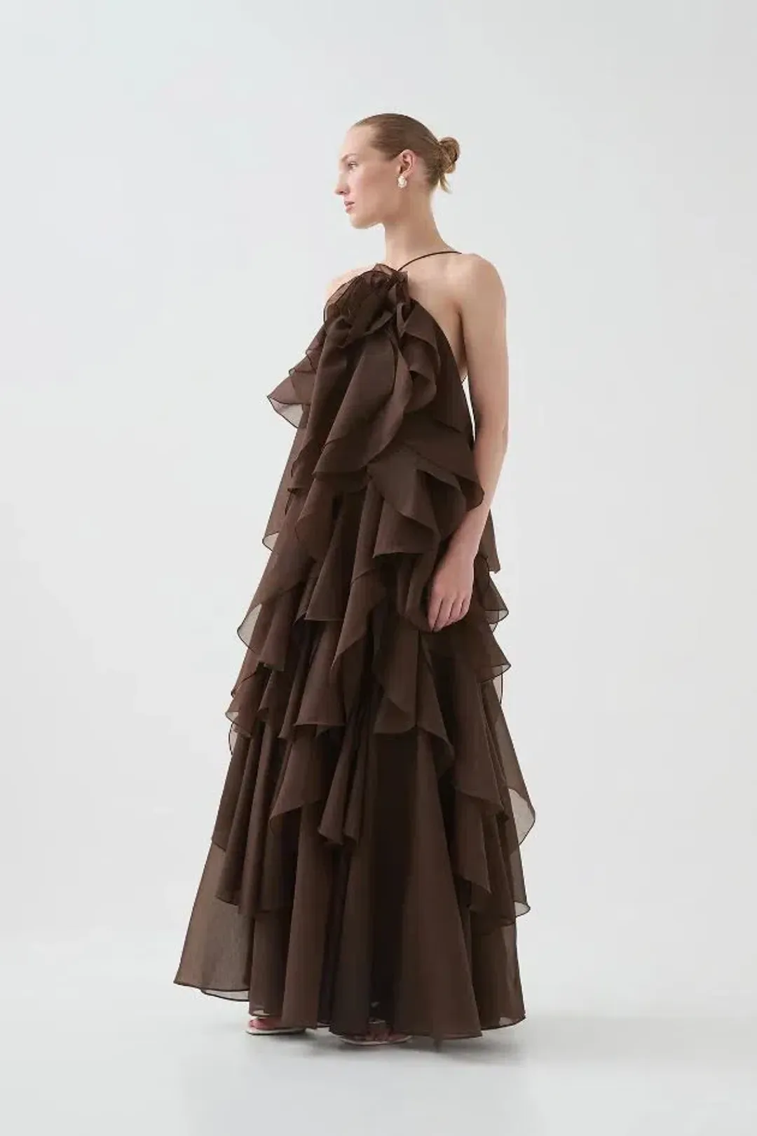🤎Aje Pandorea Layered Maxi Dress in Carob Chocolate Brown - Size 10 AU 🤎 Tiered Ruffled Maxi Gown for rent on The Volte - main image