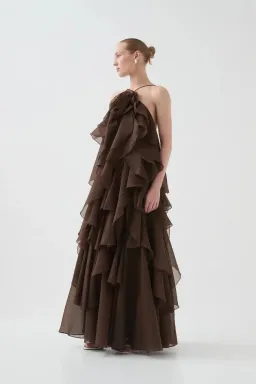 🤎Aje Pandorea Layered Maxi Dress in Carob Chocolate Brown - Size 10 AU 🤎 Tiered Ruffled Maxi Gown for rent on The Volte - image 3