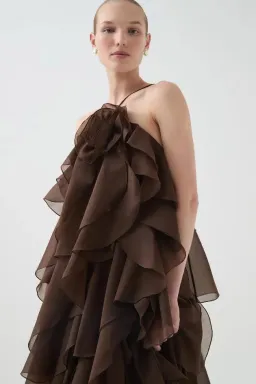 🤎Aje Pandorea Layered Maxi Dress in Carob Chocolate Brown - Size 10 AU 🤎 Tiered Ruffled Maxi Gown for rent on The Volte - image 4