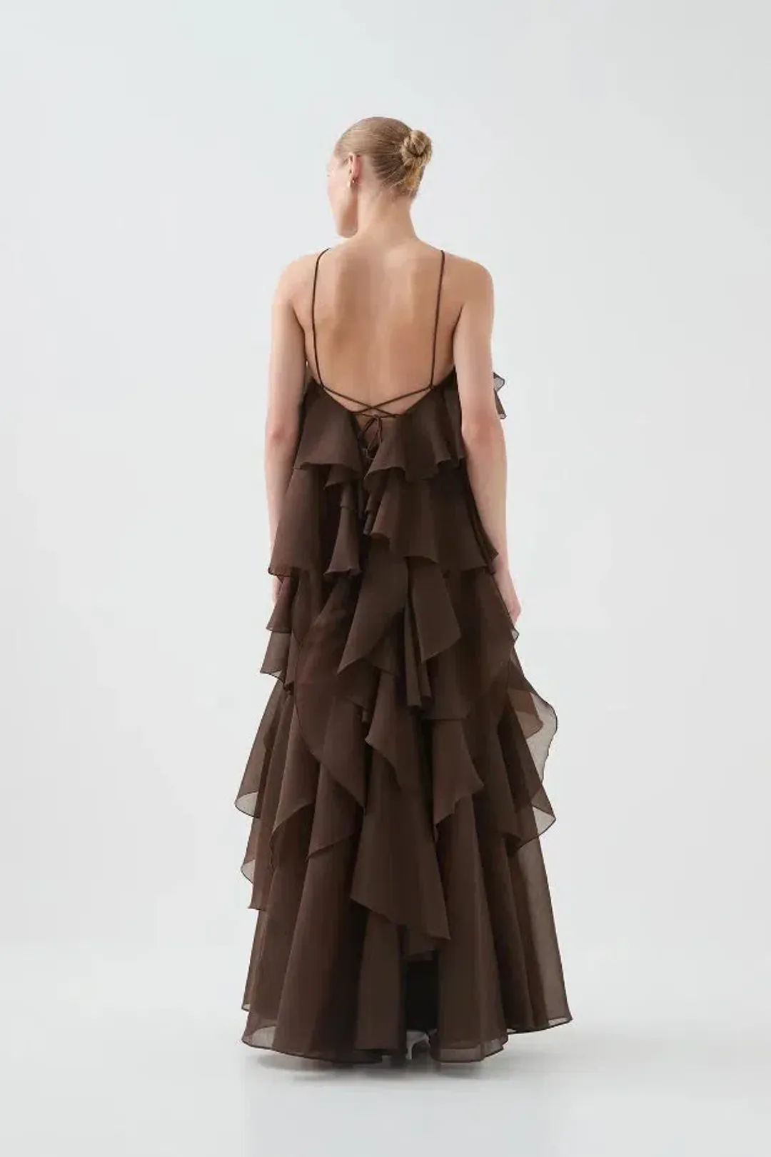 🤎Aje Pandorea Layered Maxi Dress in Carob Chocolate Brown - Size 10 AU 🤎 Tiered Ruffled Maxi Gown for rent on The Volte - main image