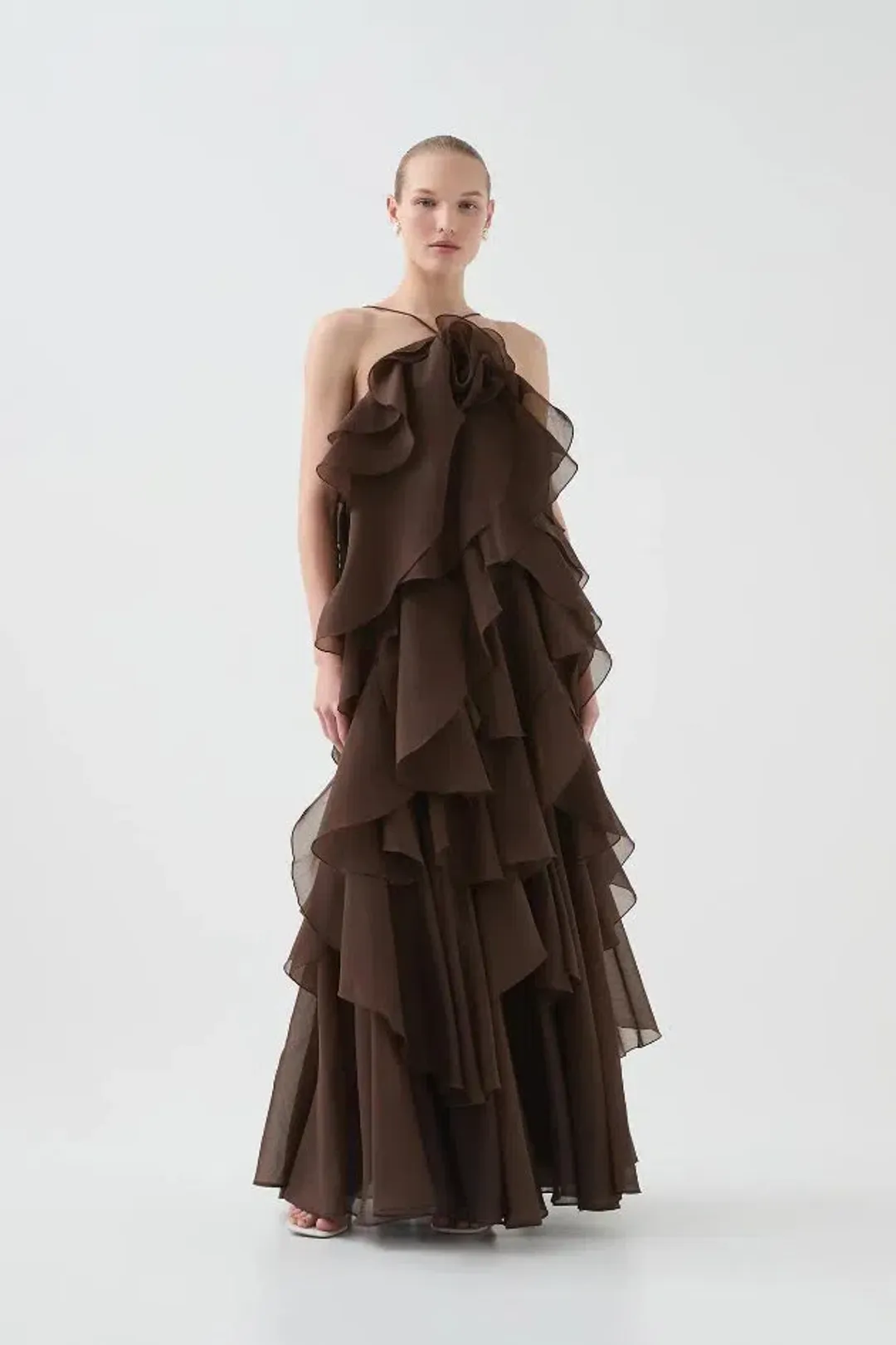 🤎Aje Pandorea Layered Maxi Dress in Carob Chocolate Brown - Size 10 AU 🤎 Tiered Ruffled Maxi Gown for rent on The Volte - main image