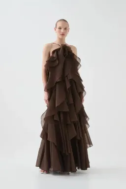 🤎Aje Pandorea Layered Maxi Dress in Carob Chocolate Brown - Size 10 AU 🤎 Tiered Ruffled Maxi Gown for rent on The Volte - image 5