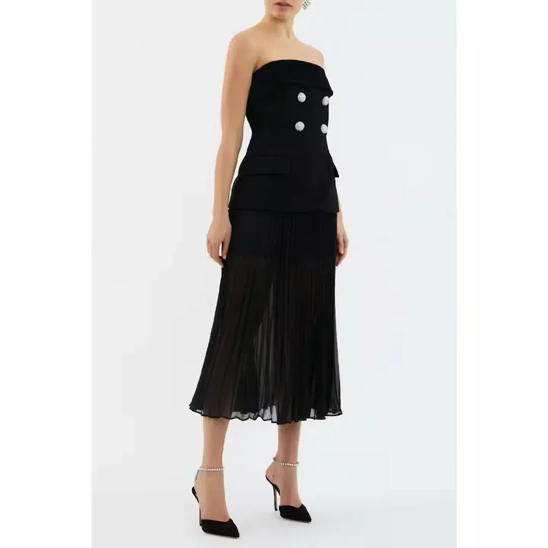 🖤 Rebecca Vallance Celia Midi Dress Size 12 AU - Black Sheer Strapless Gown 🖤 for rent on The Volte - main image