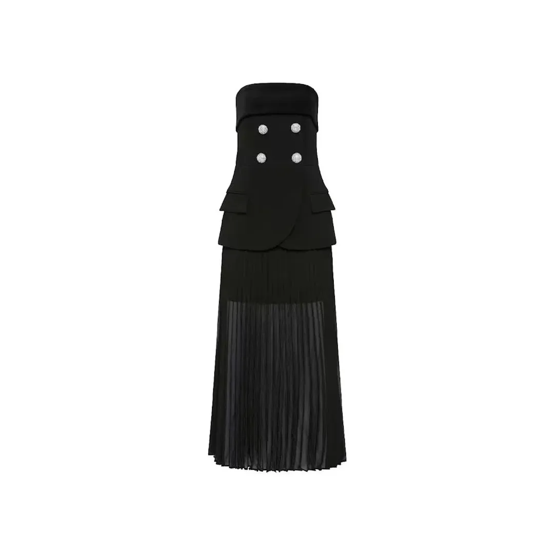 🖤 Rebecca Vallance Celia Midi Dress Size 12 AU - Black Sheer Strapless Gown 🖤 for rent on The Volte - main image
