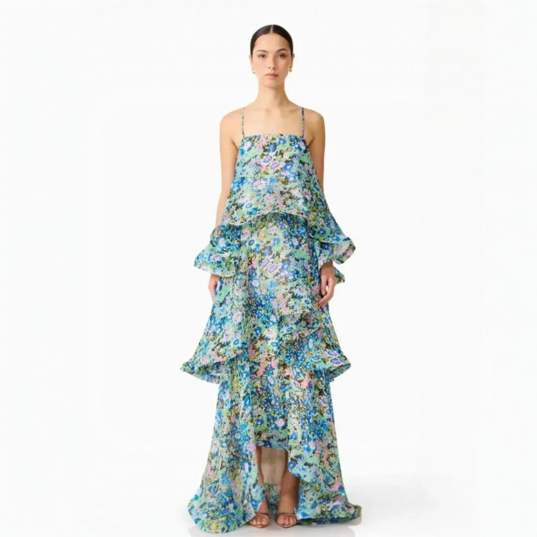 Elliatt Armani Tiered Maxi Dress In Blue Floral Size Large for rent on The Volte - main image
