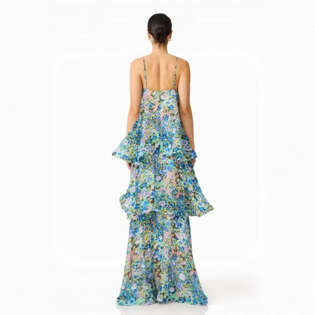 Elliatt Armani Tiered Maxi Dress In Blue Floral Size Large for rent on The Volte - main image