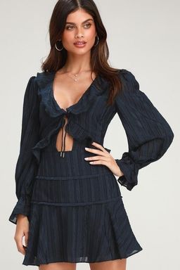 Finders Keepers Soraya Navy Blue Long Sleeve Tie-Front Mini Dress Size 8 for rent on The Volte - image 2