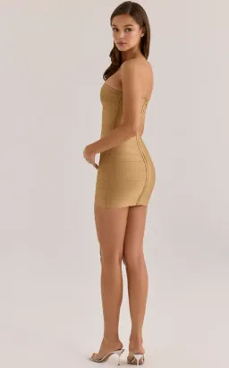 House of CB The Sweetheart gold shimmer strapless v waist bandage mini dress Size XS for rent on The Volte - image 2