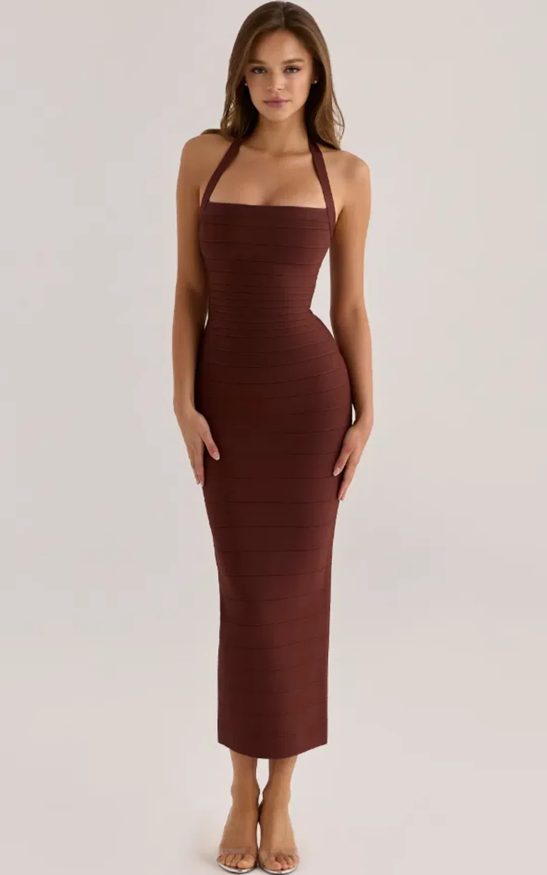 House of CB The Silhouette burnt sugar halter neck bandage maxi dress Size M for rent on The Volte - main image