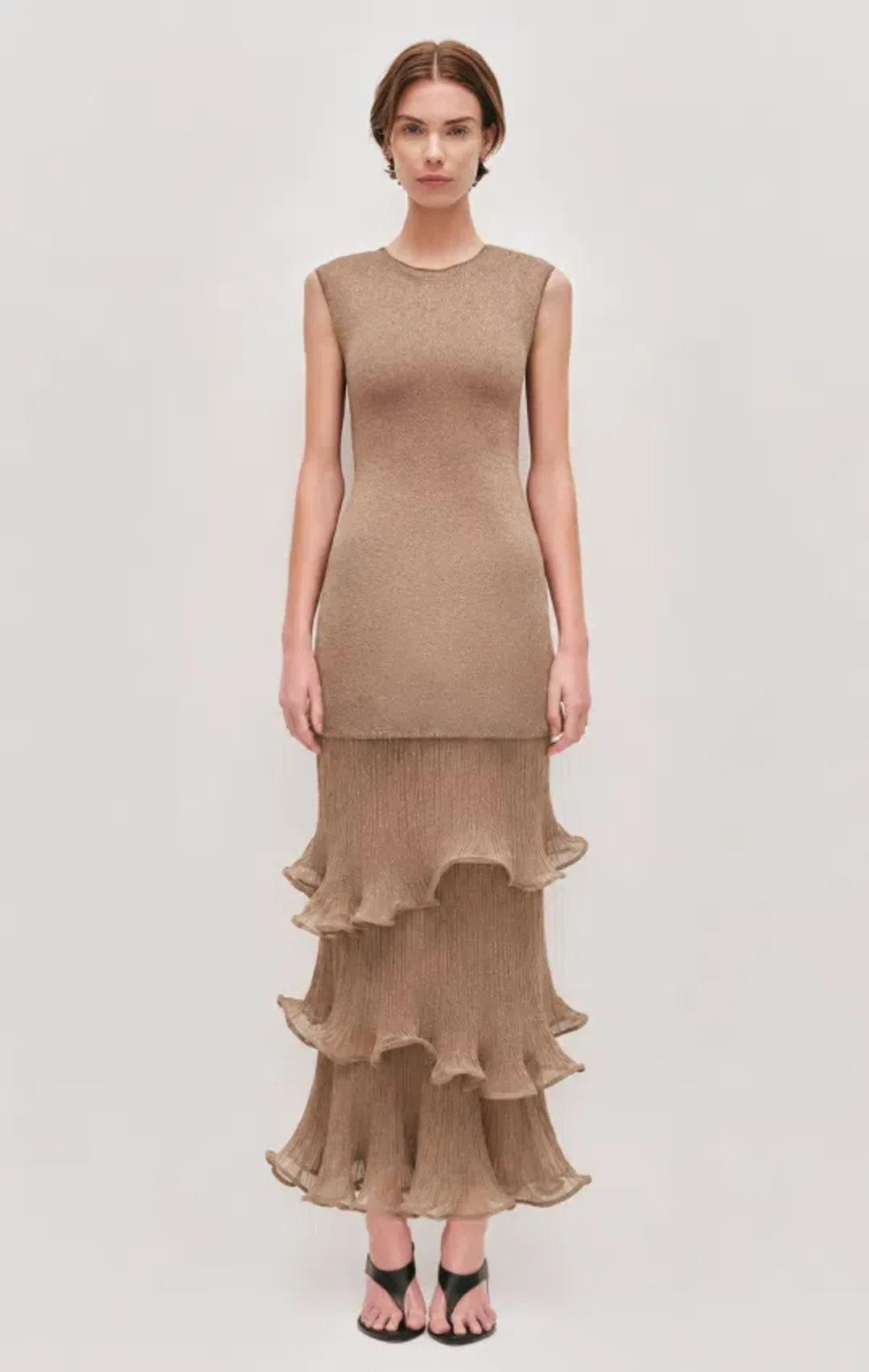 AJE Ciela Ruffle Knit Maxi Dress Burnished gold Size L for rent on The Volte - main image