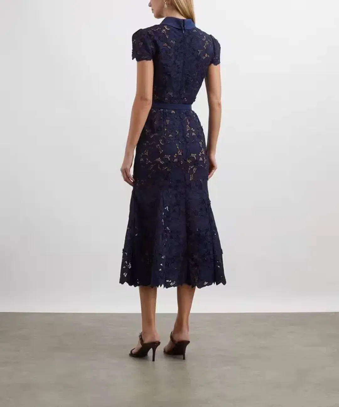 Self Portrait Navy Guipure Lace Midi Dress size 10 for rent on The Volte - main image