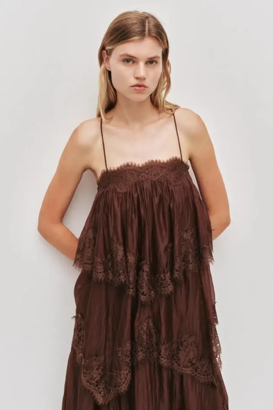 🤎 Aje OPHELIA Lace Gown in Chocolate Brown - Size 10 AU - Tiered Layered Maxi Dress 🤎 General Information for rent on The Volte - main image