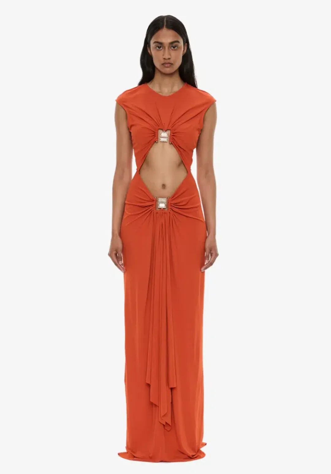 Christopher Esber Bezel Quartz Disconnect Short Sleeve Dress carnelian Size 8 for rent on The Volte - main image