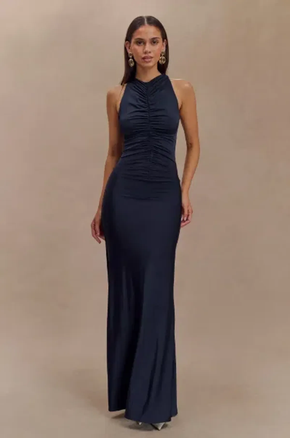 Navy high neck slinky dress for rent on The Volte - main image