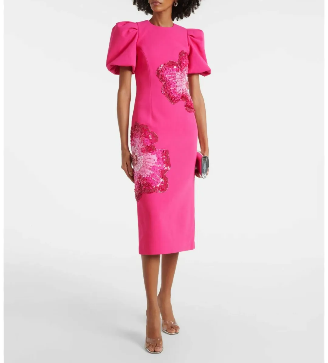 Rebecca Vallance Layana Puff Sleeve Midi Dress in Pink Size 10 for rent on The Volte - main image