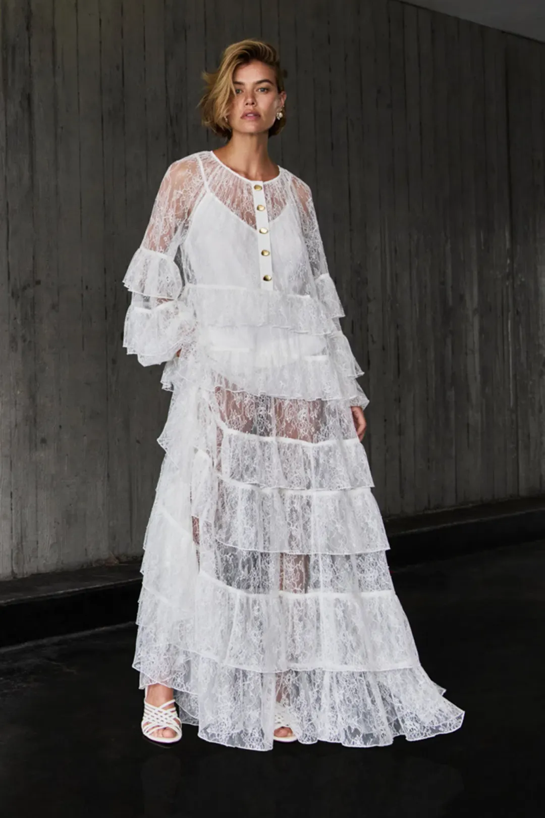Aje lace tiered maxi dress in an ivory/cream colour-way Size AU 10 for rent on The Volte - main image