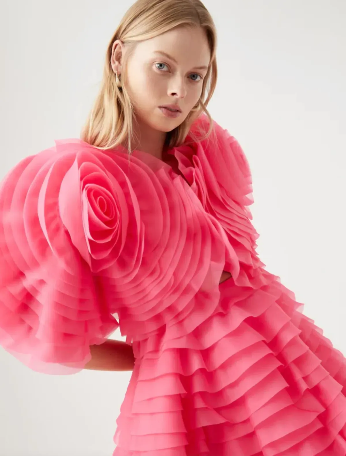 Aje Amour Pink Petal Ruffle Mini Dress | Size AU 6 for rent on The Volte - main image