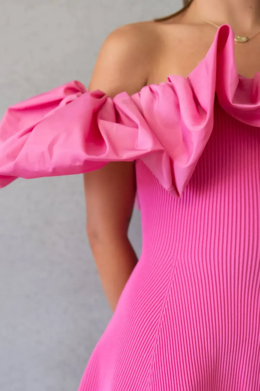AJE Eldora Ruffle Puff Off the Shoulder Mini Dress In Pink | Size M / Medium for rent on The Volte - main image